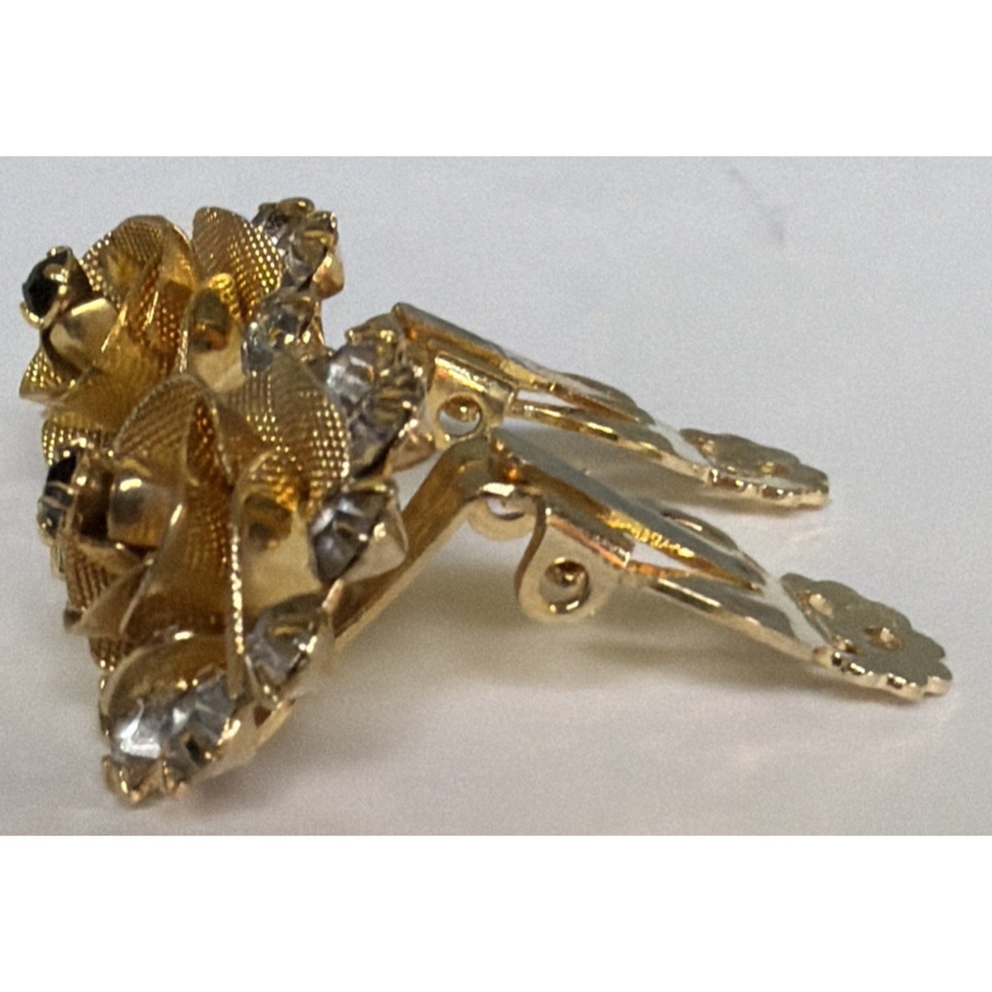Vintage Rose Rosette Gold Tone Flower Clip On Earrings Black Clear Rhinestones