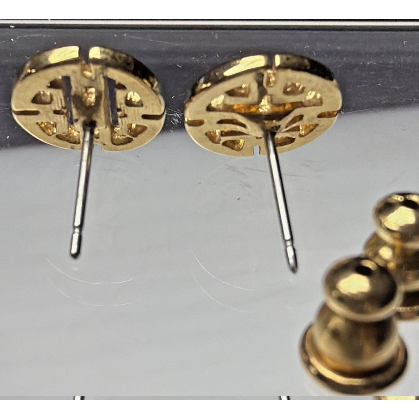 Vtg Crown Trifari Gold Plated Asian Inspired Round Earrings Longevity Post Stud