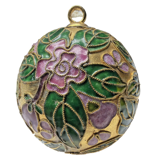 Vintage Cloisonné Enamel Metal Round Bulb Ornament Gold Floral Butterfly As Is