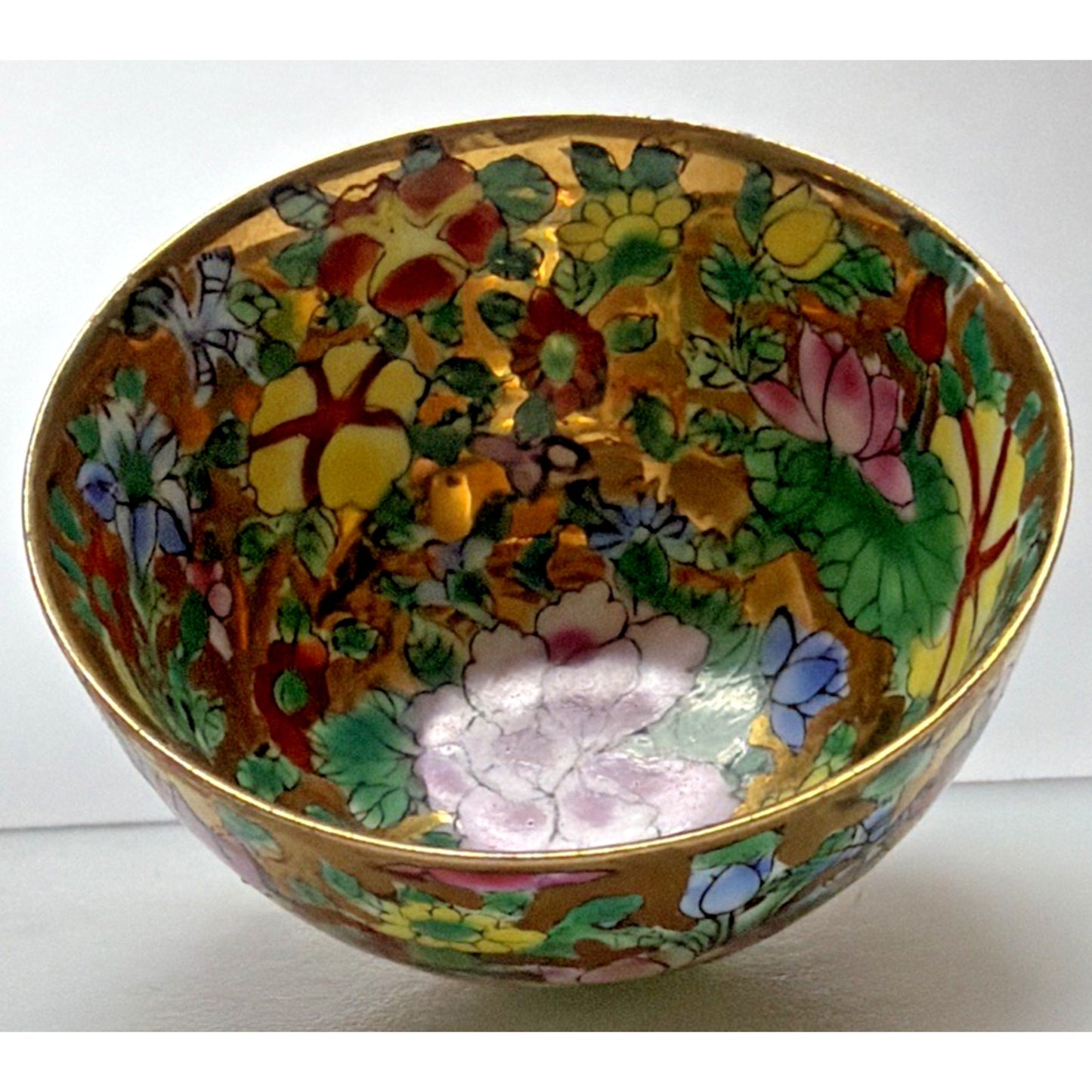 Old Eggshell Porcelain Gilt Enamel Chinese Famille Rose Mille Fleurs Wine Sake