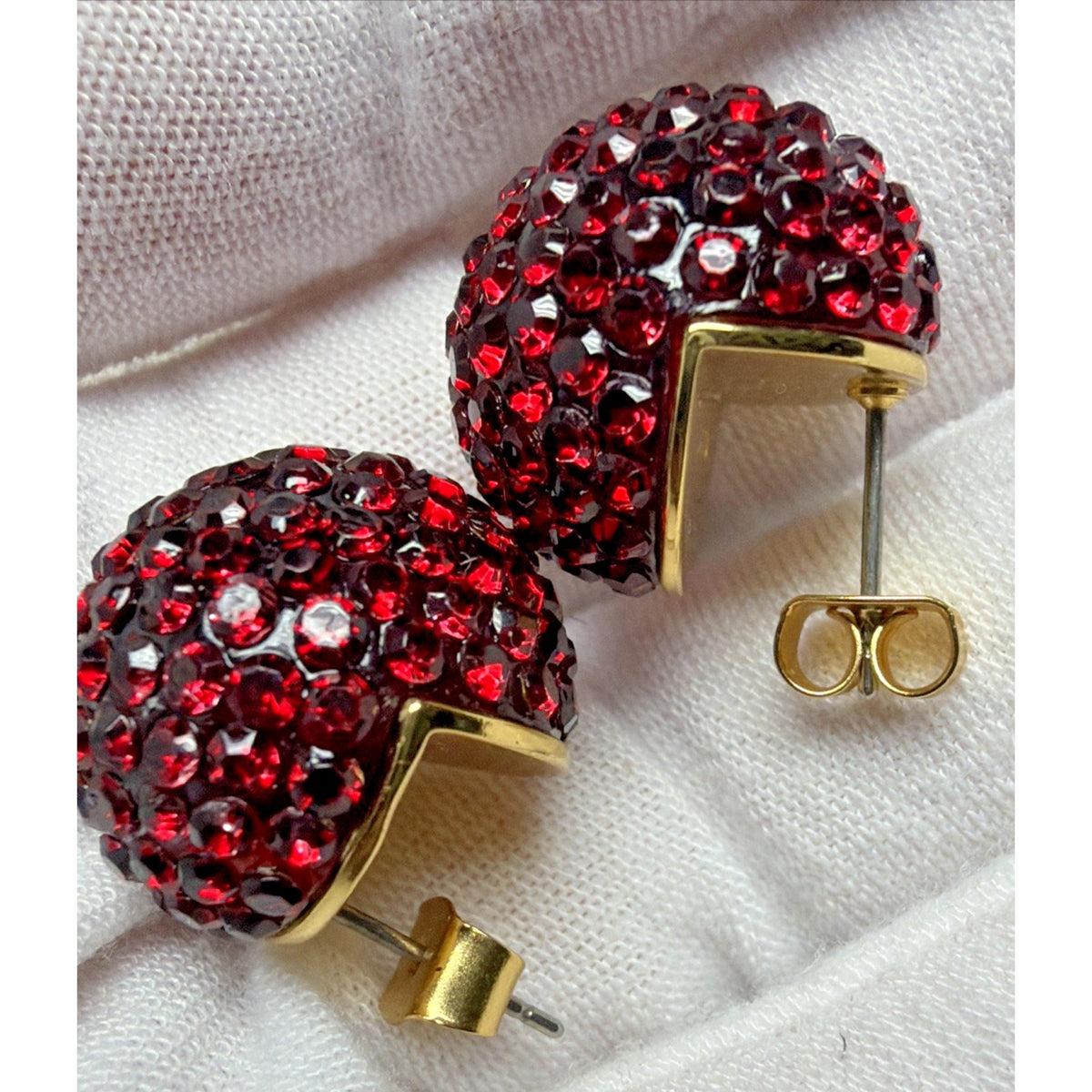 J Crew Pave Crystal Ruby Red Rhinestone Ball Stud Chunky Dome Earrings Gold Tone