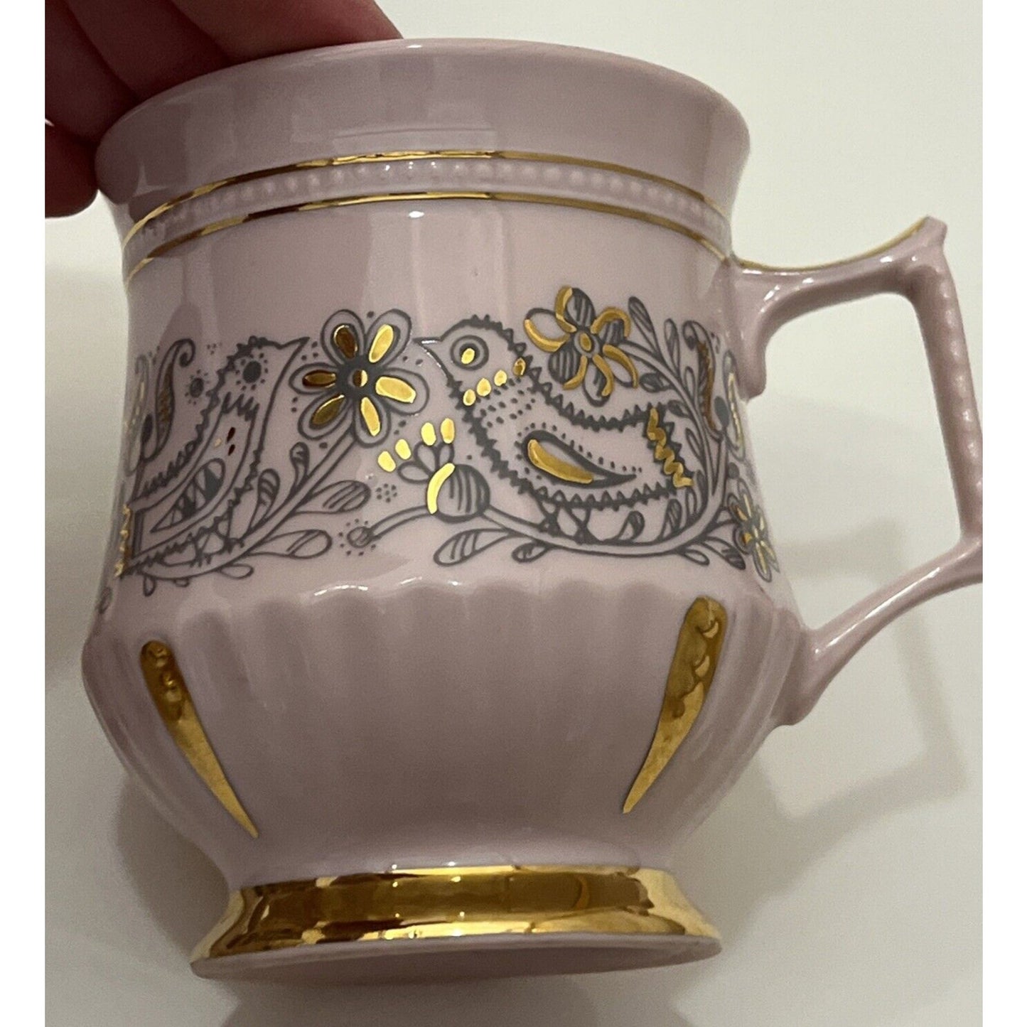 Antique Lot Of 2 H&C Rosa Pink Czech Porcelain Love Birds Gold Mugs Tea Cups