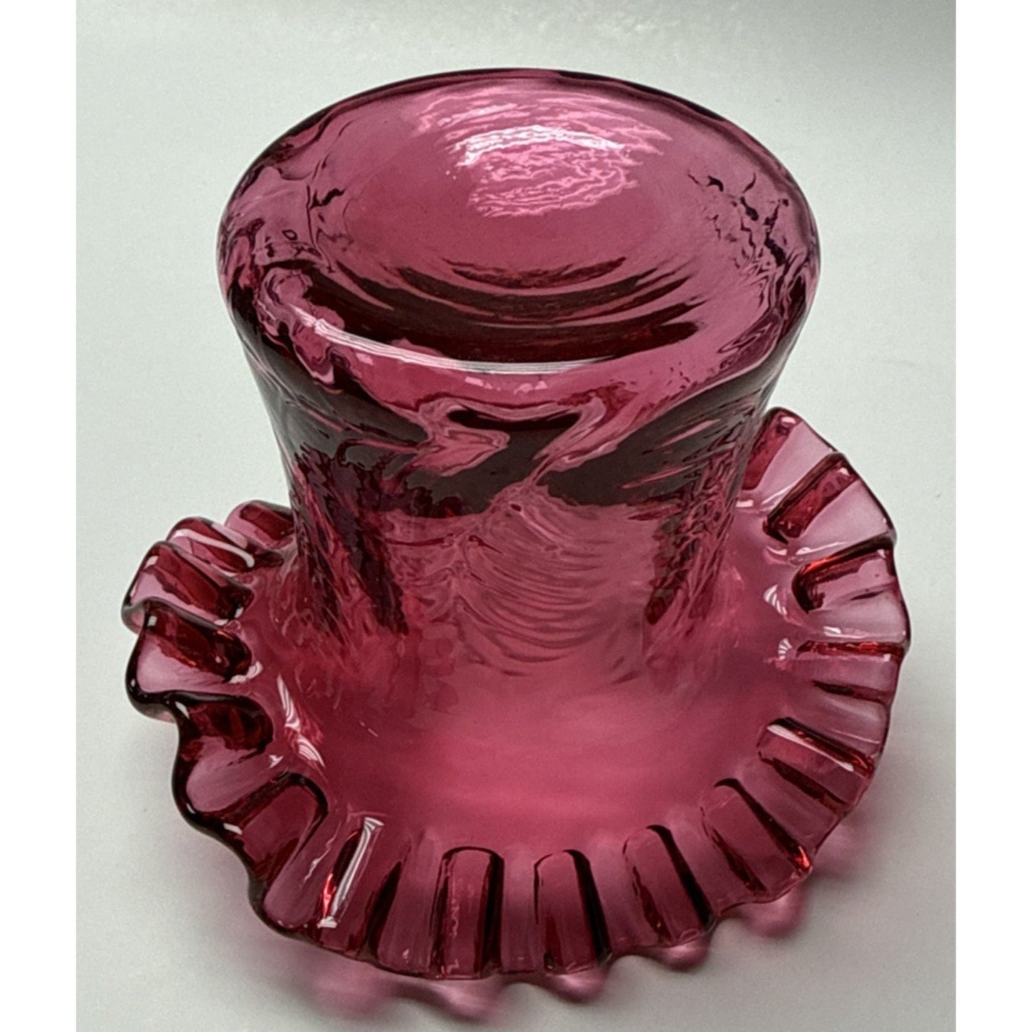 Vintage Fenton Glass Cranberry Embossed Fern #7235 Crimped Hat Vase