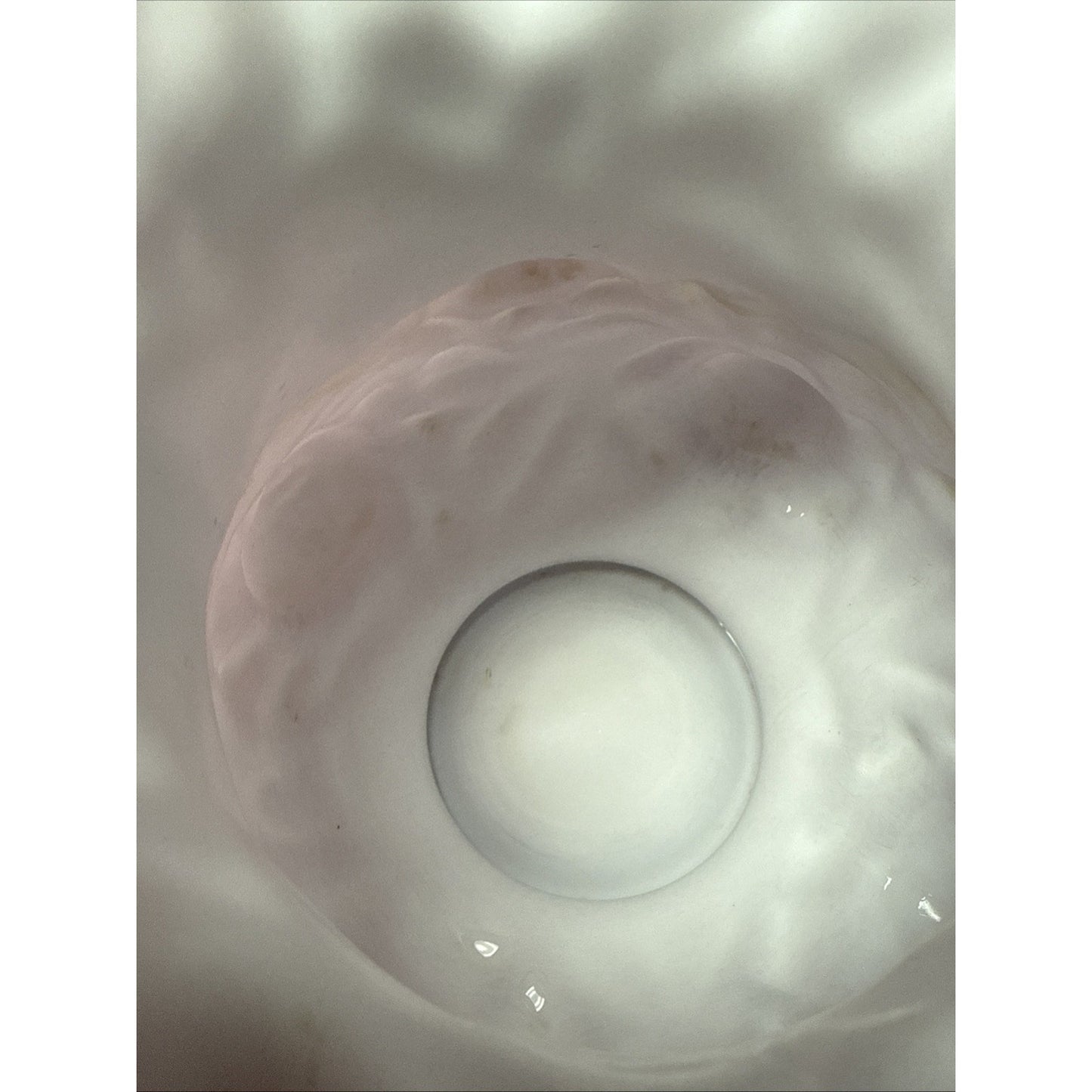 Vintage Fenton LG Wright Embossed Puffy Rose Pink Overlay White Satin Vase As-Is