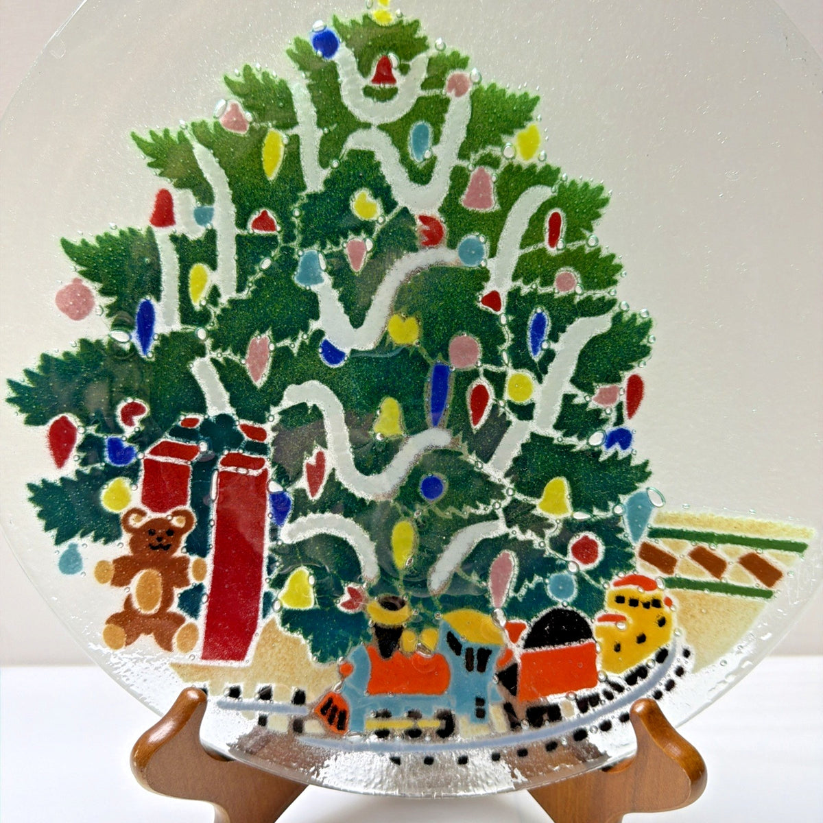 Vintage Peggy Karr Fused Glass Christmas Tree Toy Train Platter Teddy Bear