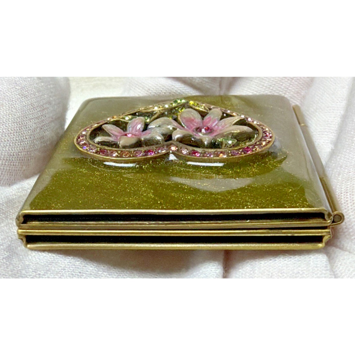 Jay Strongwater Folding Travel Double Picture Frame Heart Flowers Jeweled Green