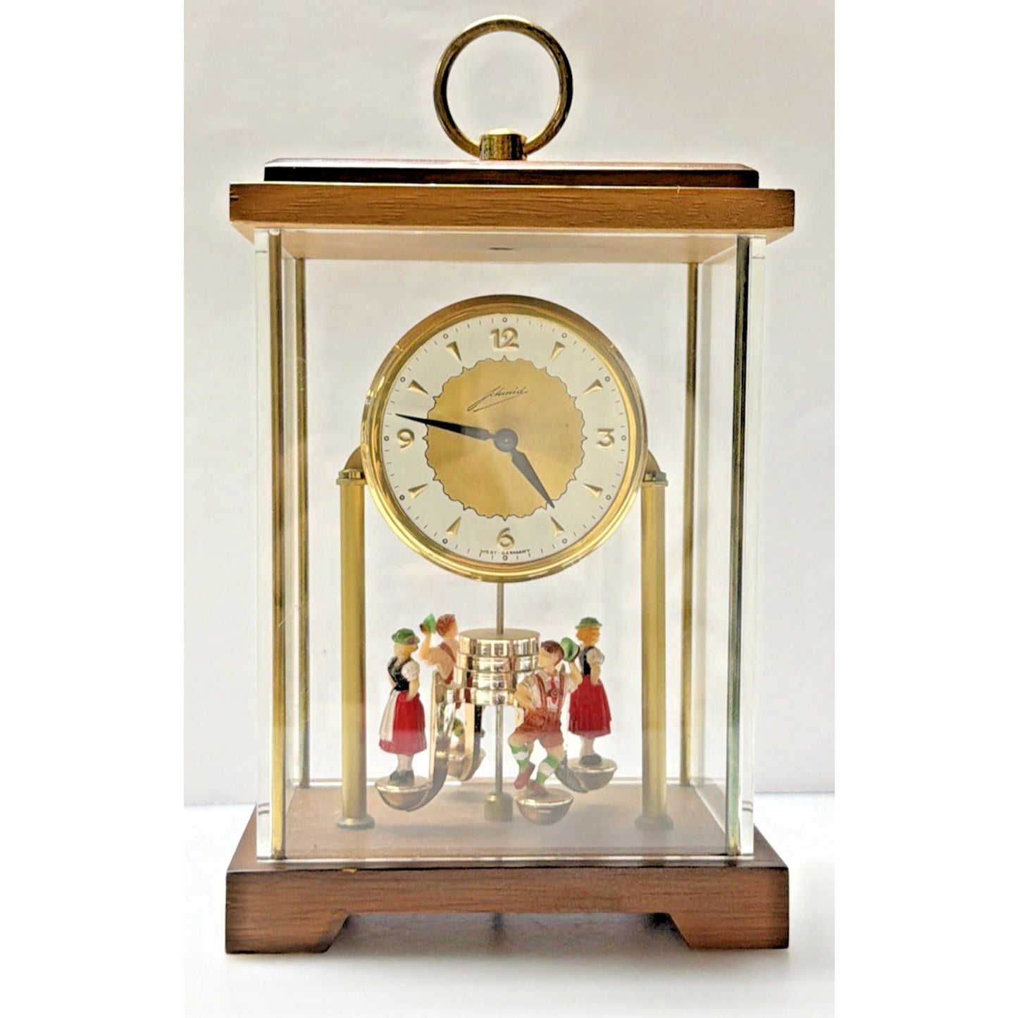 Schmid West Germany Wind Up Mantel Clock Torsion Pendulum Glass Wood Case As Is