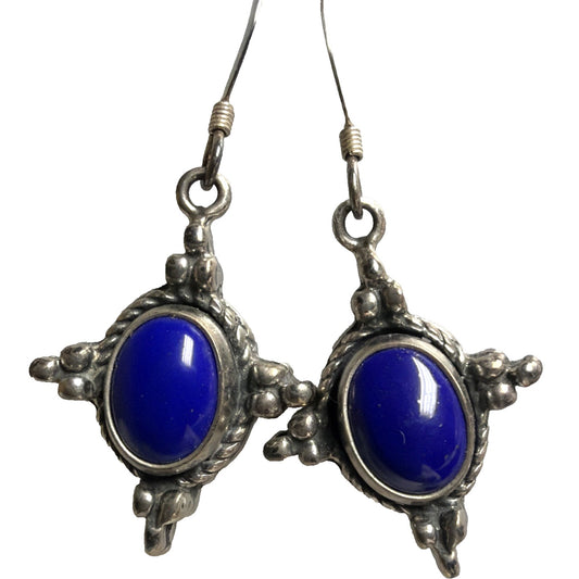Vintage 5 Star Sterling Silver Southwest Cabochon Lapis Lazuli Dangle Earrings