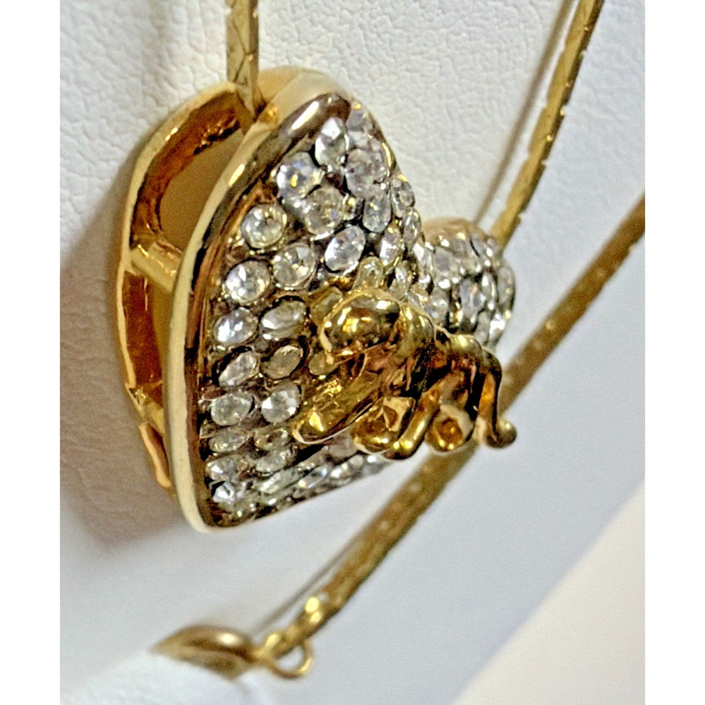 Vintage Gold Tone Rhinestone Pave Heart Slide Pendant Necklace Panther Cat As Is