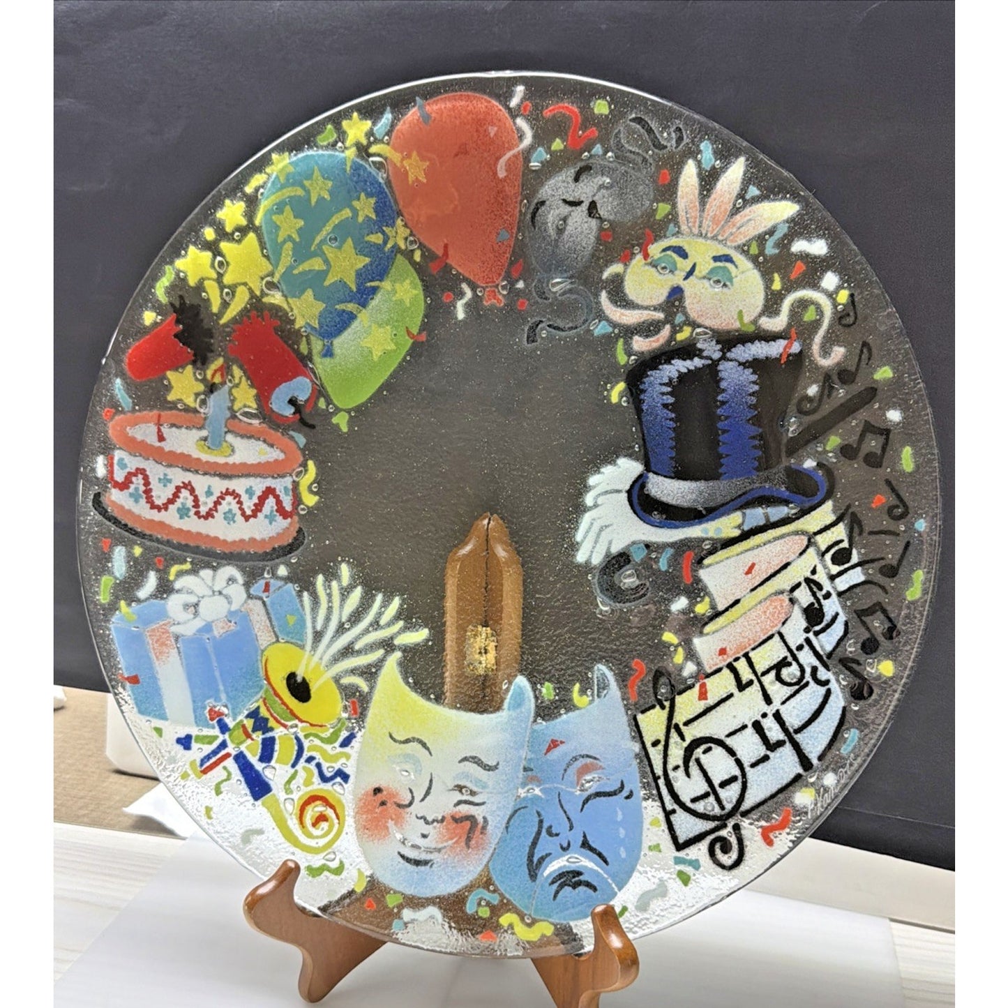 Peggy Karr Fused Art Glass Platter Celebration Comedy Tragedy Masks 14"