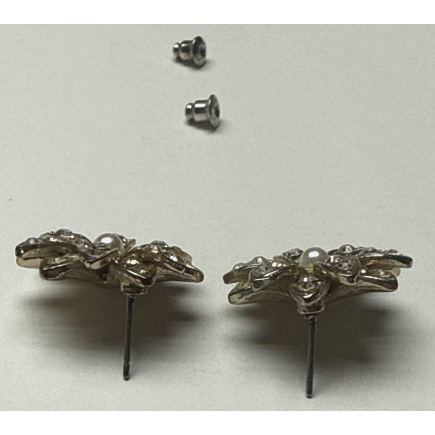 Vintage Gold Metal Flower Shaped Rhinestone Earrings Faux Diamond Wedding