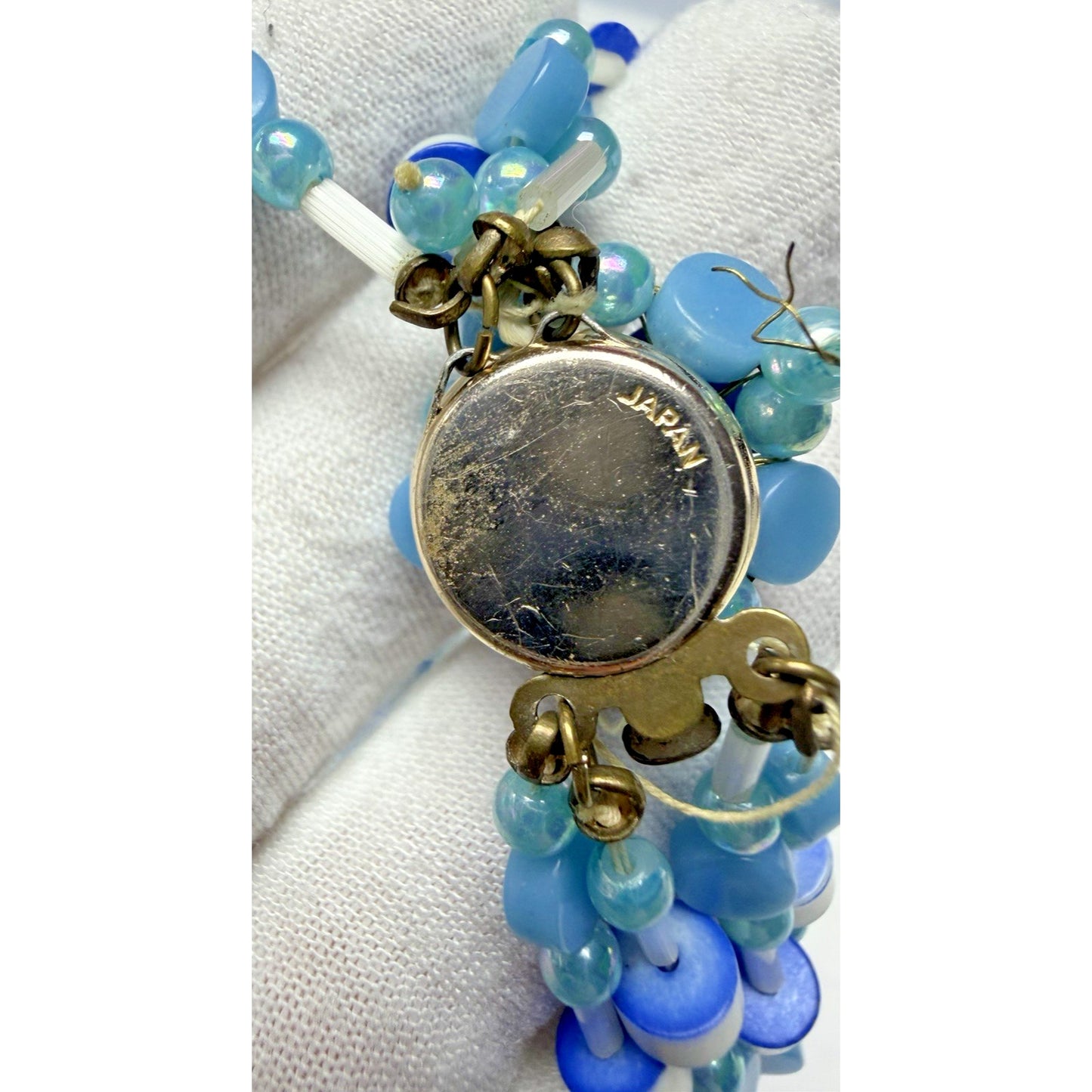 Japan Blue White Multi Strand Beaded Necklace Clip Earrings Jewelry Set As Is