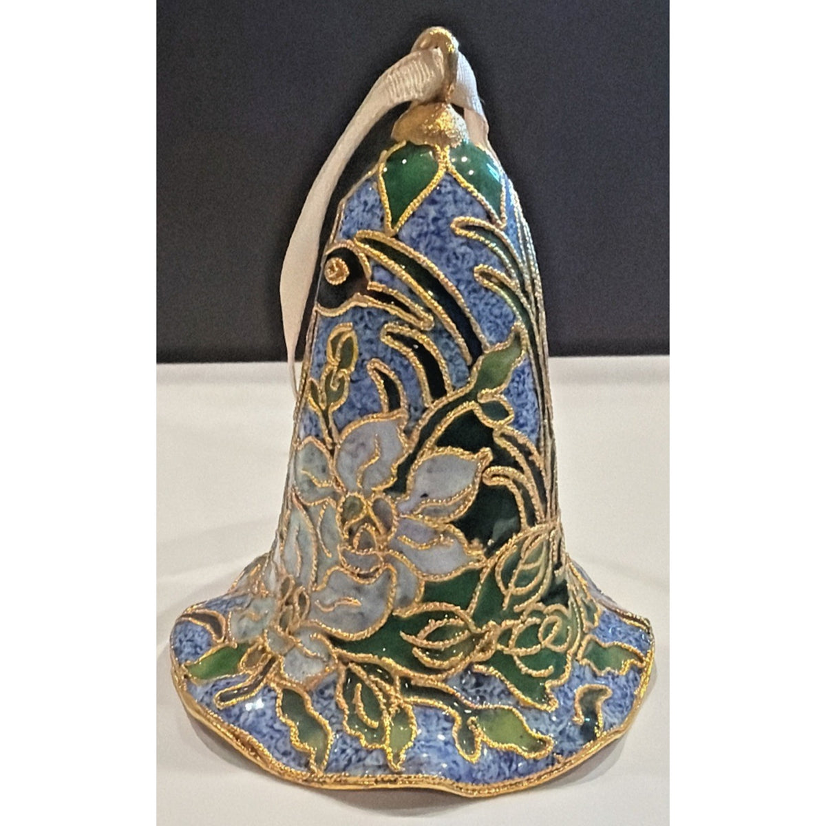 Vintage Enamel Cloisonné Bell Ornament Hummingbird Floral Blue Gold