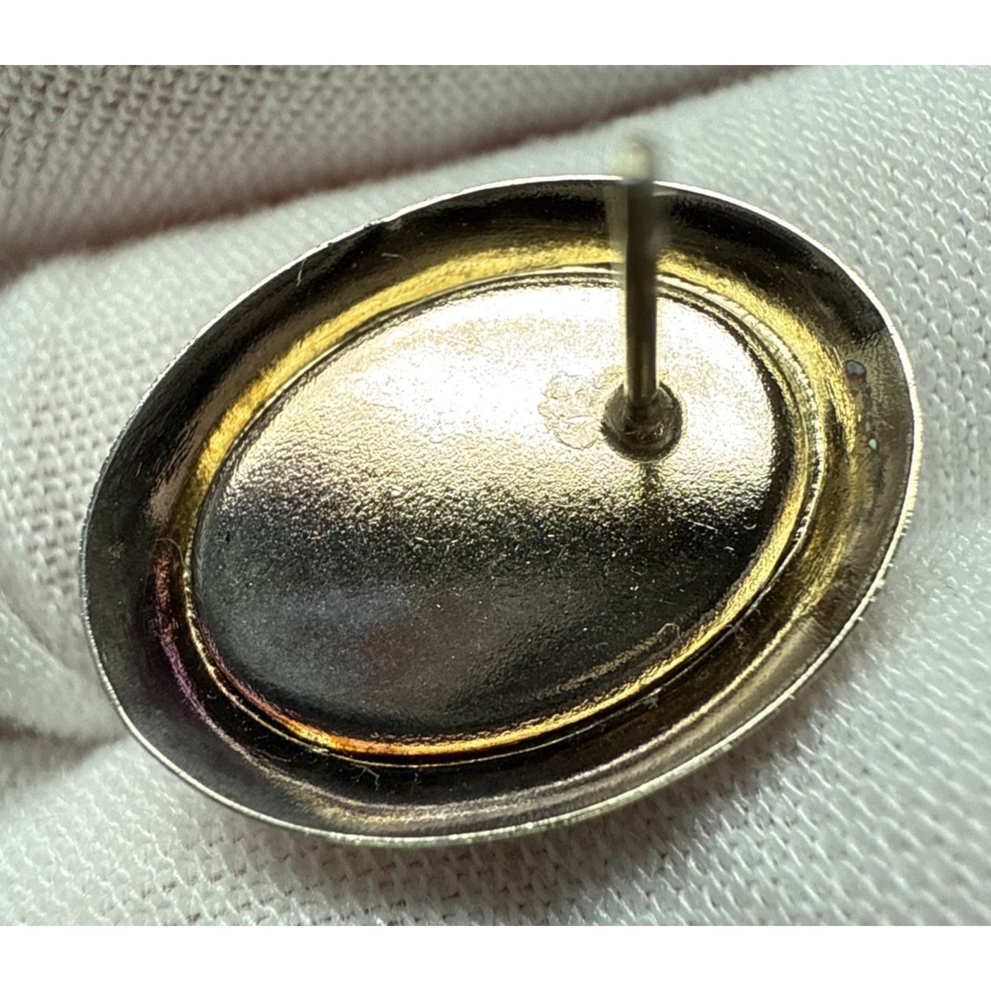 Vintage Gold Tone Metal Hematite Cabochon Earrings Oval Post Stud Large As-Is