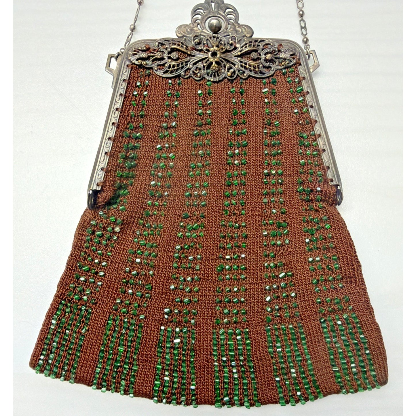 Antique Crochet Brown Green Micro Bead Purse Ornate Metal Frame Kiss Lock Strap