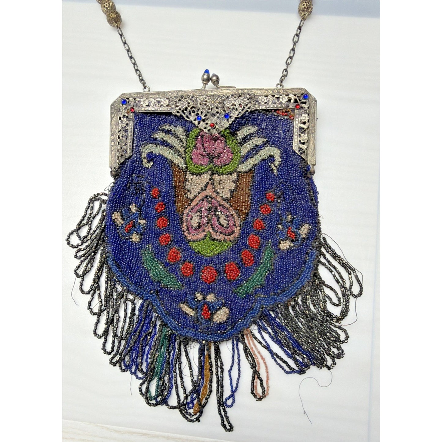 Art Deco Micro Beaded Flapper Bag Purse Ornate Metal Frame Bezel Jewel Kiss Lock