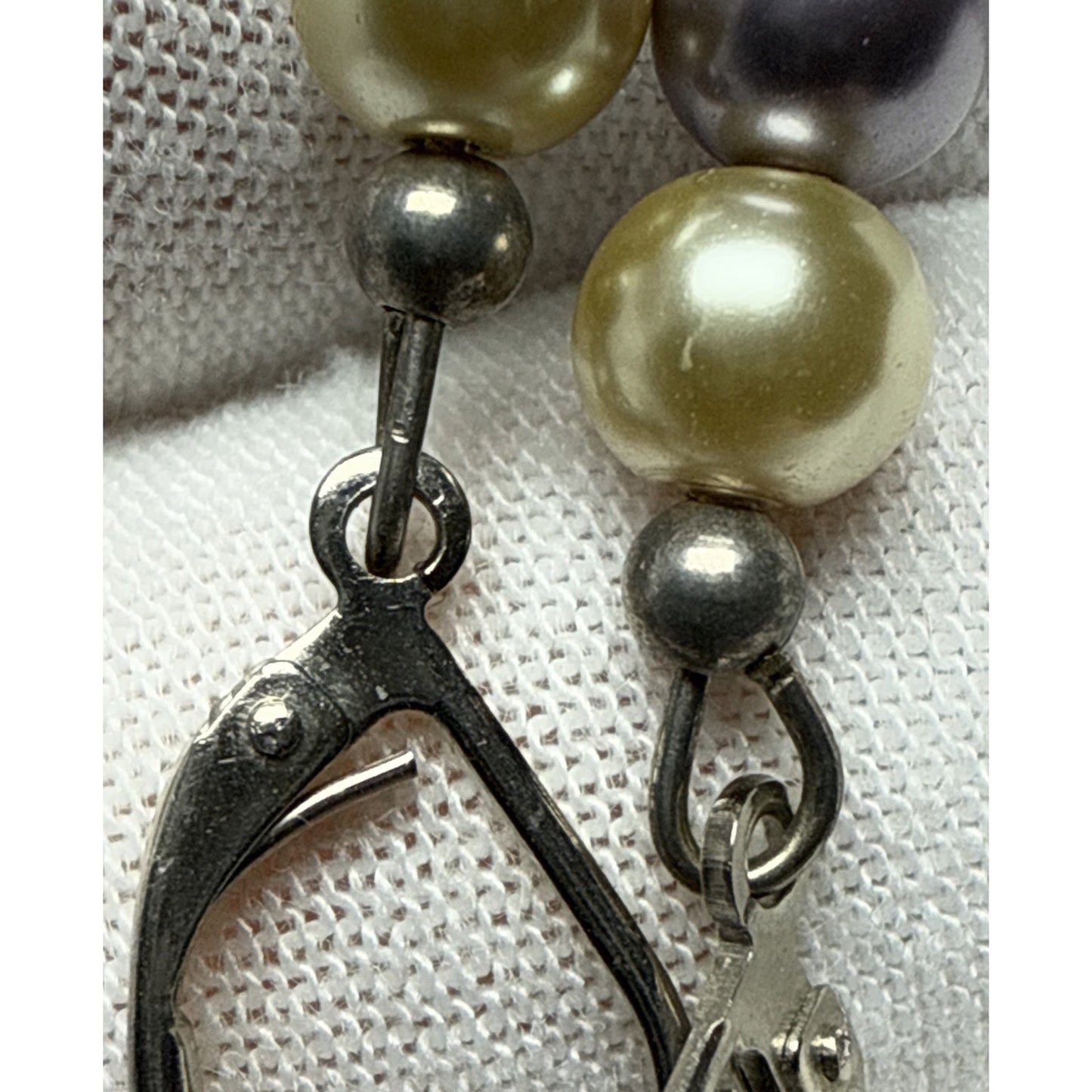 Vtg Purple White Stacked Pearl Leverback Earrings Dangle Drop Sterling Silver