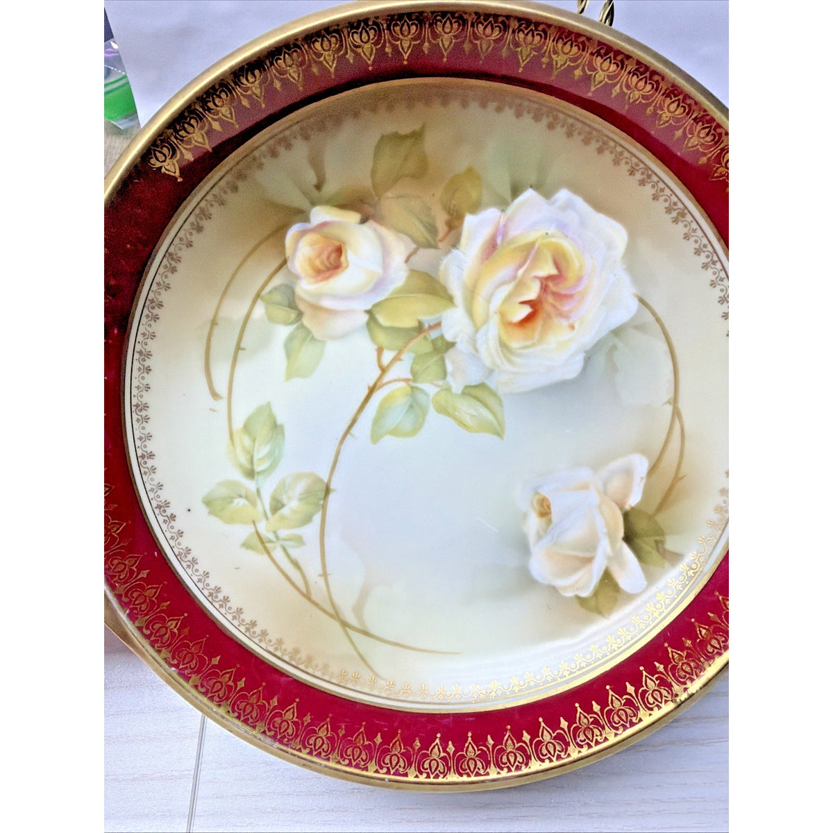 Antique RS Prussia Germany Hand Painted Rose Handle Bowl Platter Ornate Burgundy