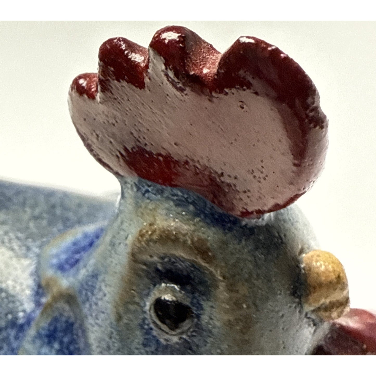 Vintage Folk Art Stoneware Hen Rooster Chicken Figurine Blue Red Glazed