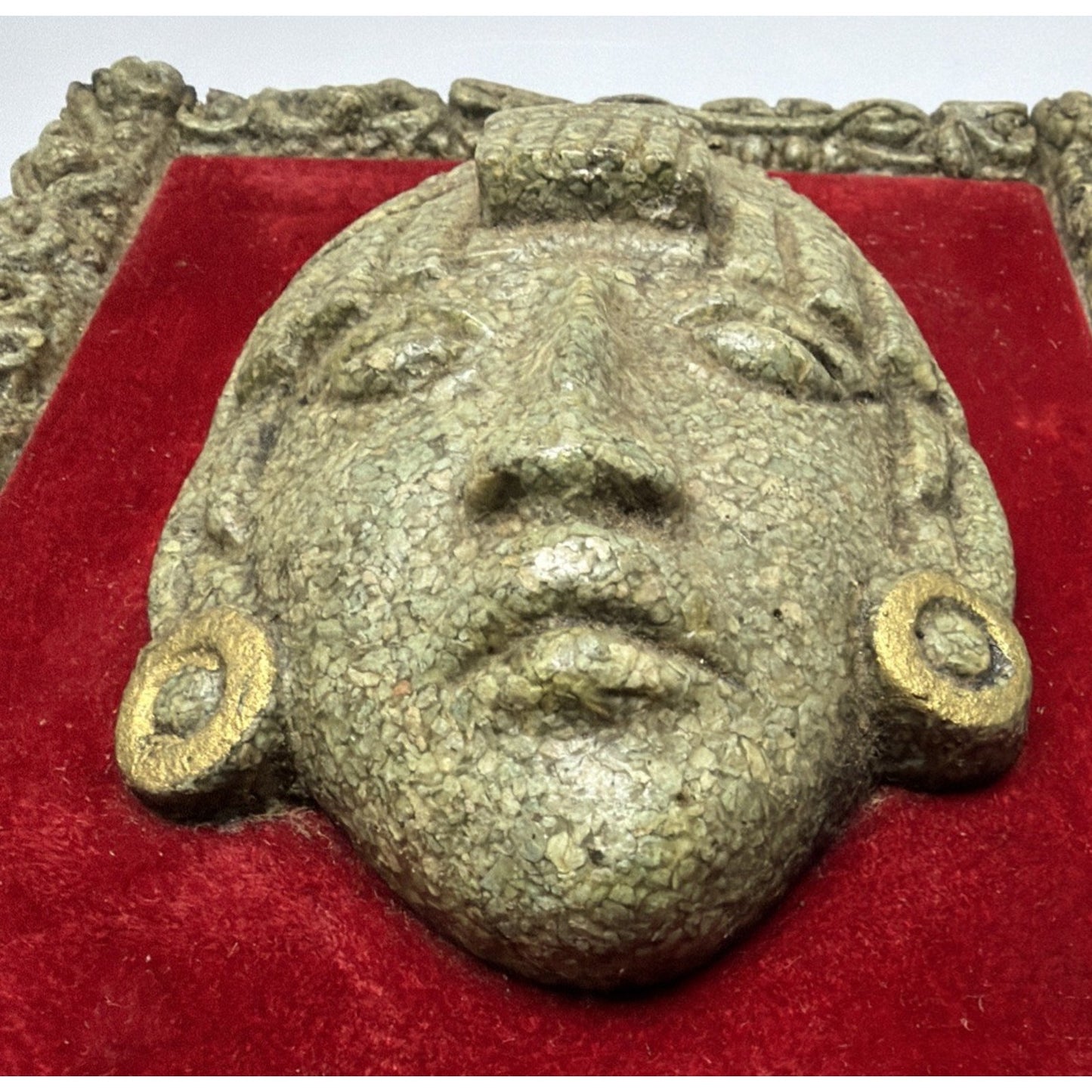 Vintage Aztec Mayan God Crushed Malachite Art Wall Hanging Plaque Wood Velvet