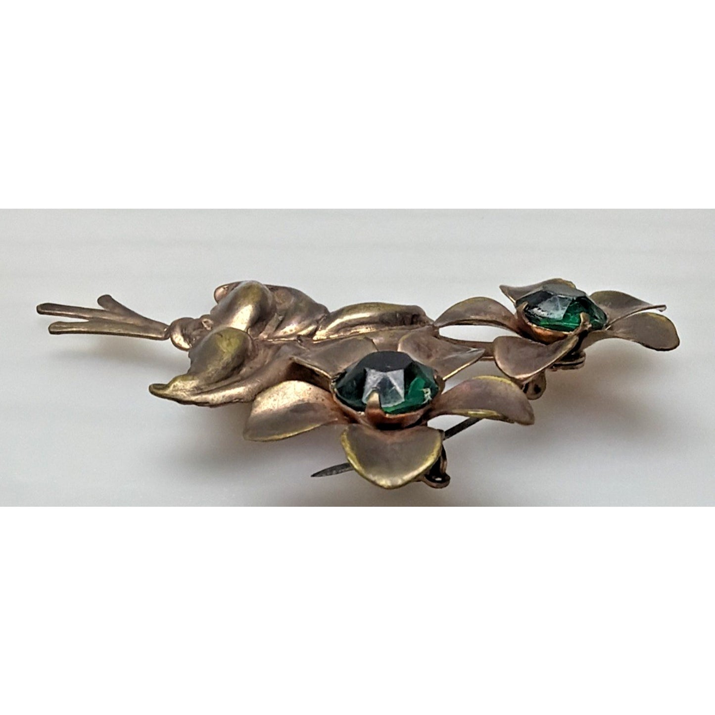 Vintage Copper Floral Flower Brooch Large Green Emerald Rhinestone