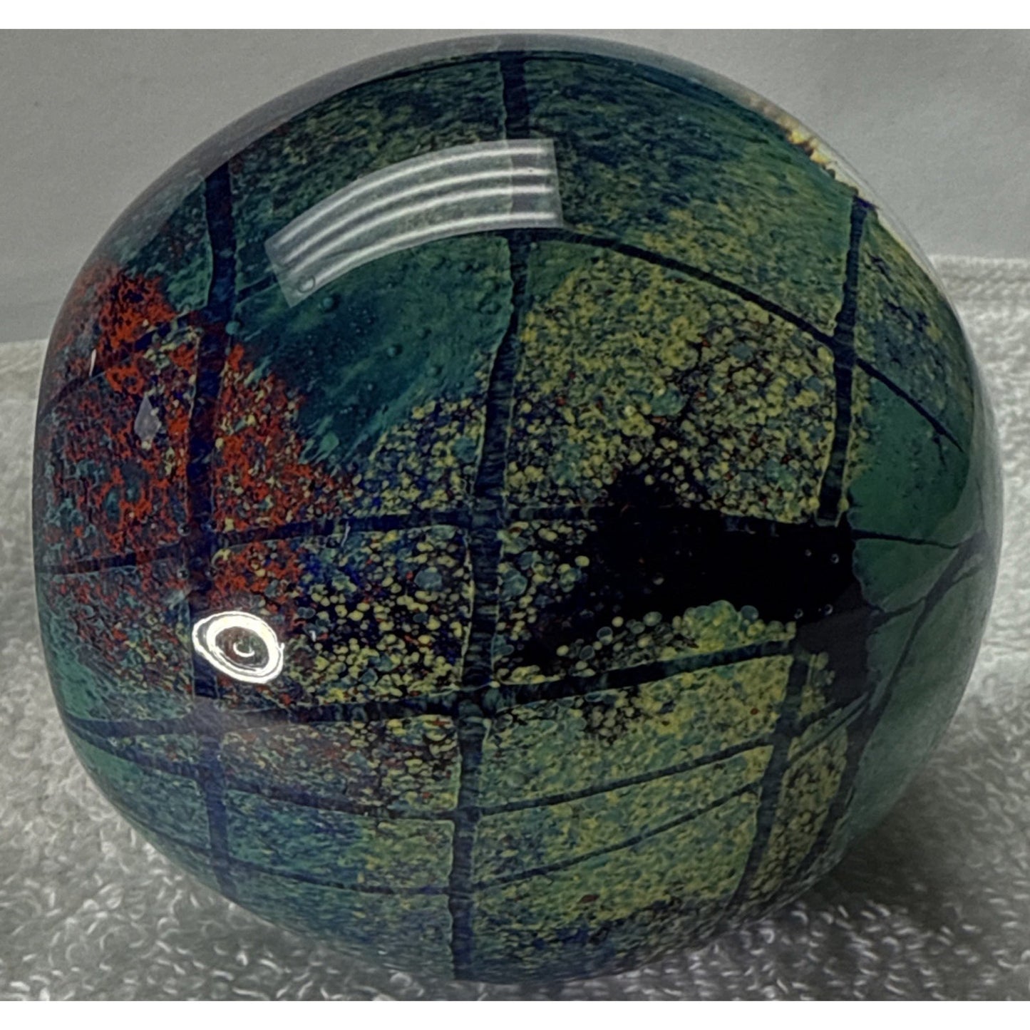 Vtg Art Glass Globe Paperweight Blue Green Confetti Hemisphere Mottled Bubbles