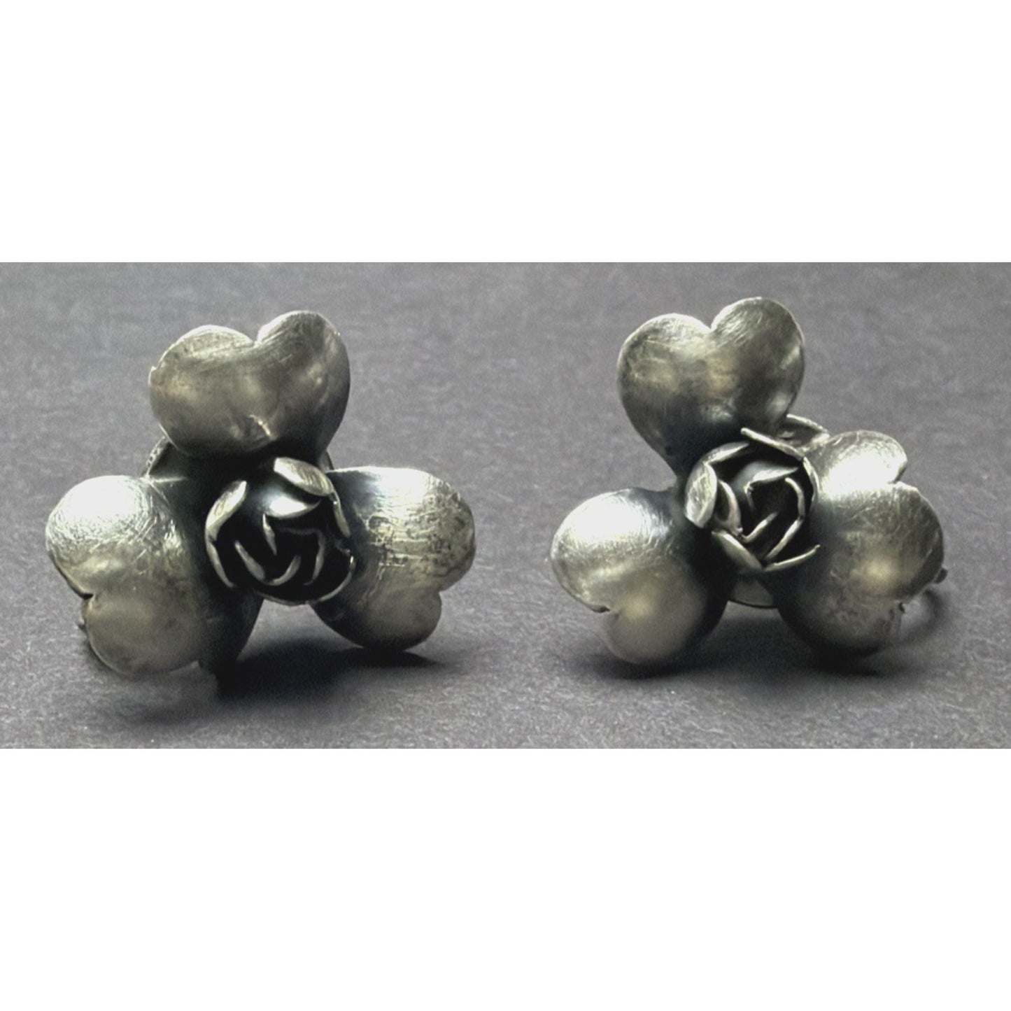 Vintage Sterling Silver Detailed Rose Rosette Flower Screw Back Earrings