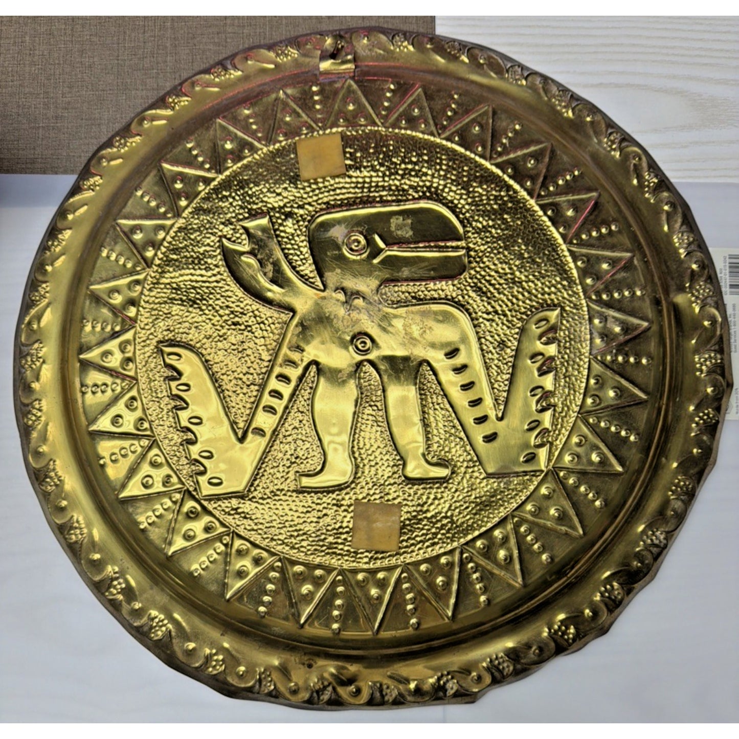 Mayan Aztec Peruvian Brass Gold Metal Enamel Engraved Hammered Wall Plate As Is