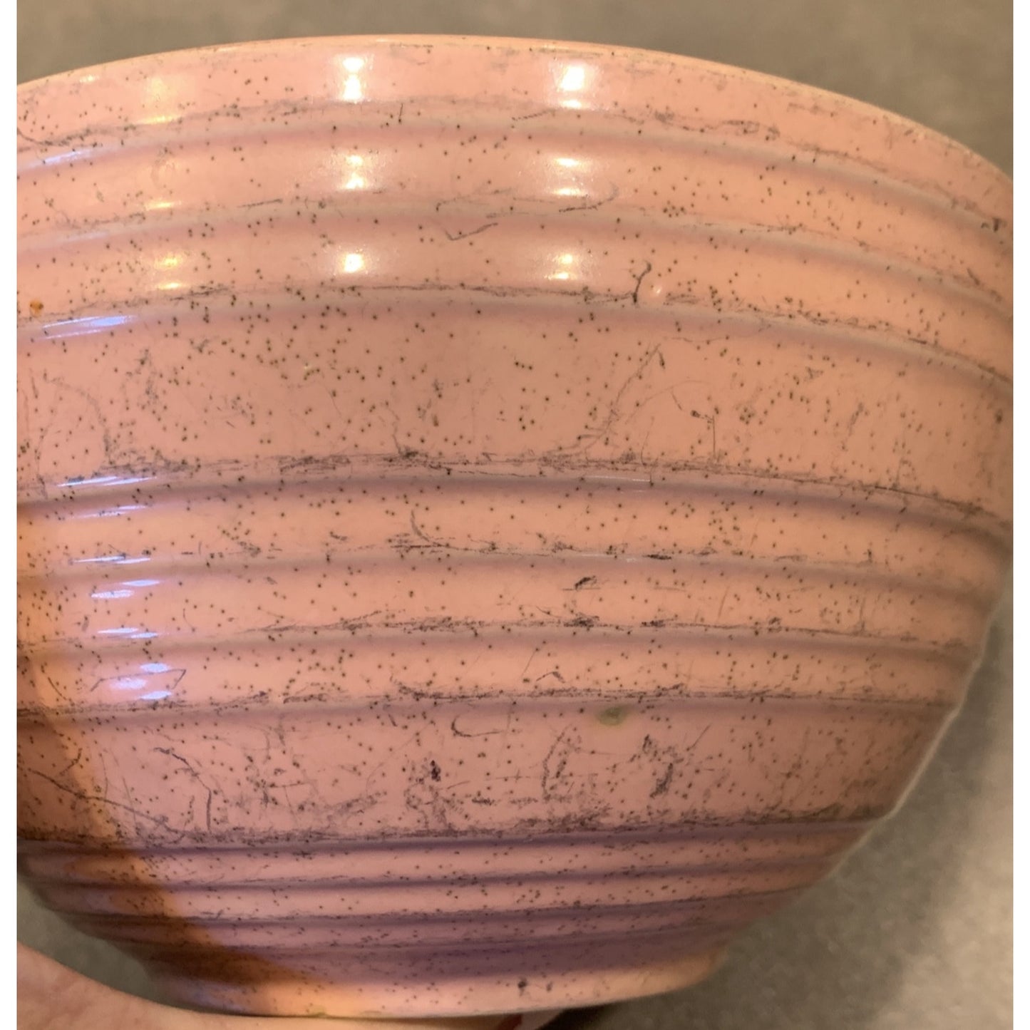 Vtg McCoy Pottery Pink Mixing Bowl Speckled Ribbed Beehive As Is