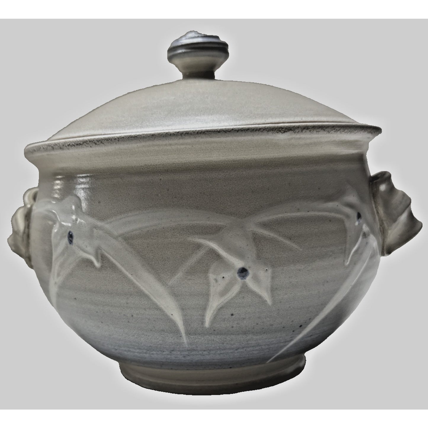 Noble Studio Art Pottery Casserole Lidded Trillium Blue White Handles