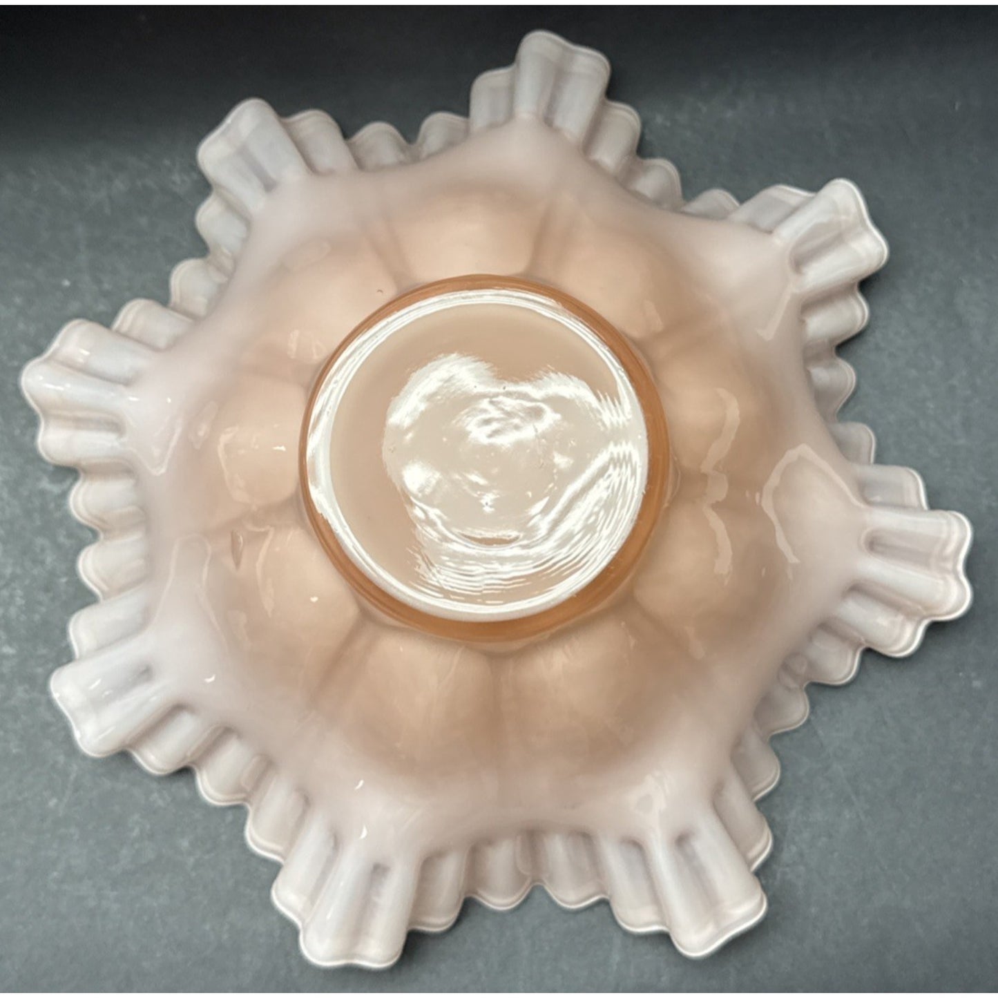 Vintage Fenton Glass Rose Overlay Pink Melon Bowl Crimped Wavy Edge