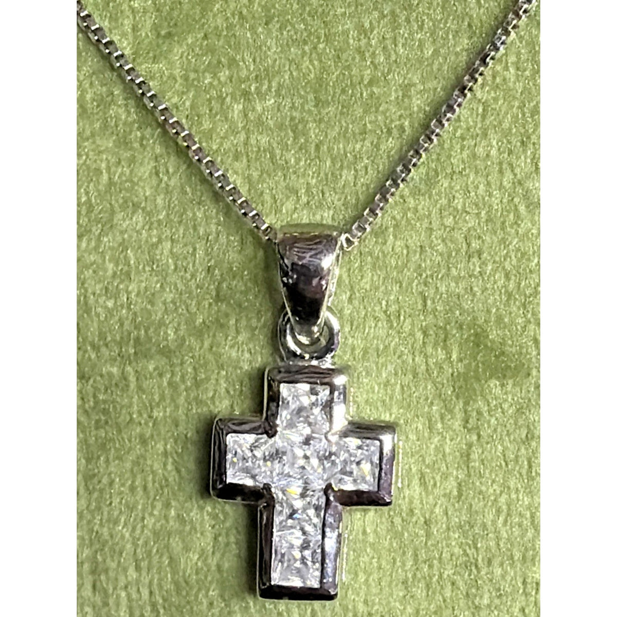 Sterling Silver Religious Cross Pendant Necklace Princess Cut Crystals Box Chain