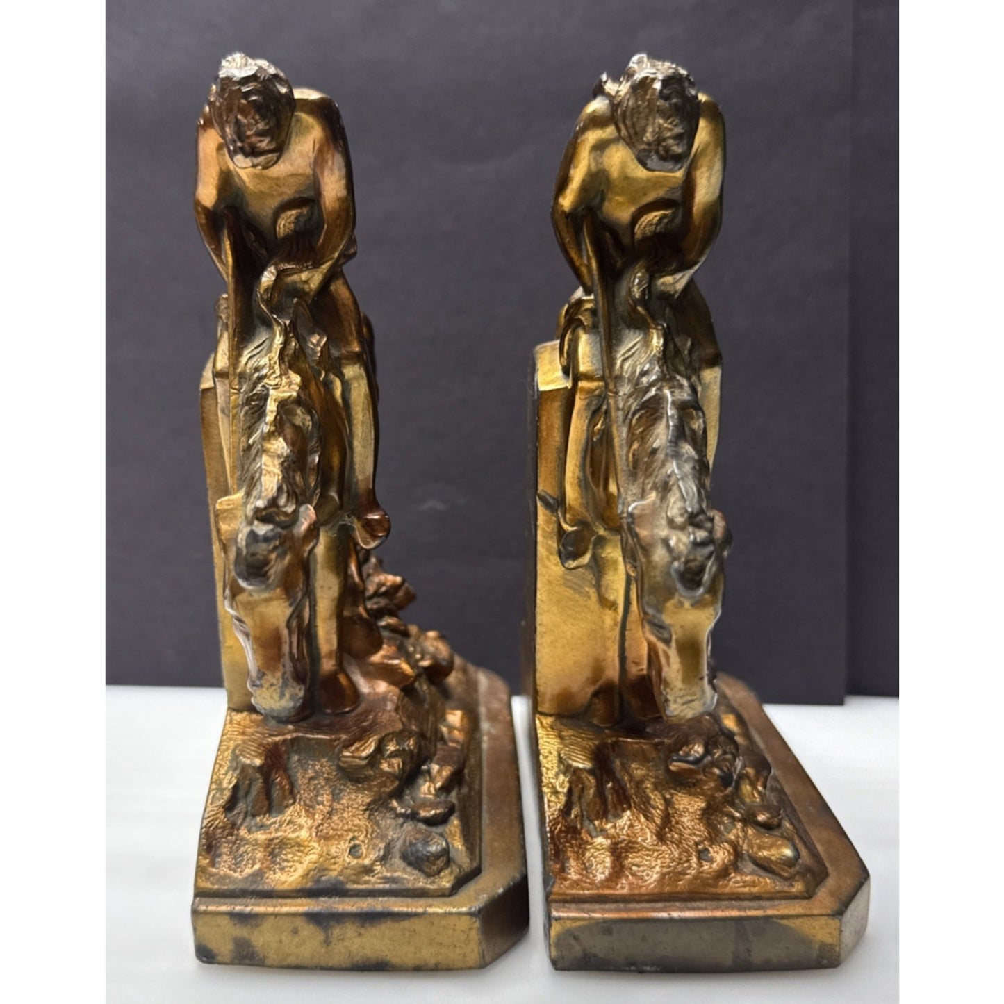 Vintage Ronson Metal Art Horse Rider Bookends Set End of the Trail Cowboy As Is