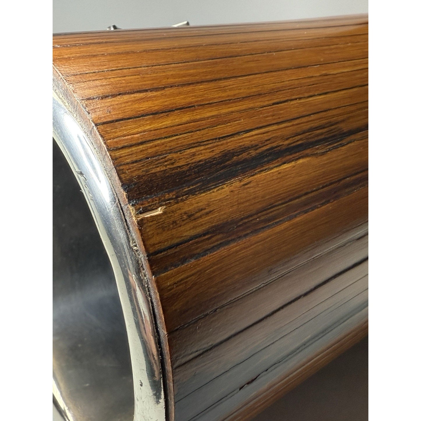 Old Japanese Bamboo Wood Vase Silvered Frog Grass Enameled Butterfly Large Read