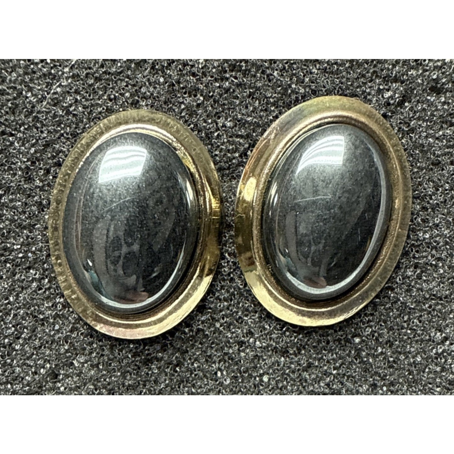Vintage Gold Tone Metal Hematite Cabochon Earrings Oval Post Stud Large As-Is