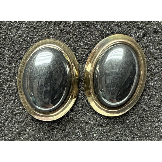 Vintage Gold Tone Metal Hematite Cabochon Earrings Oval Post Stud Large As-Is