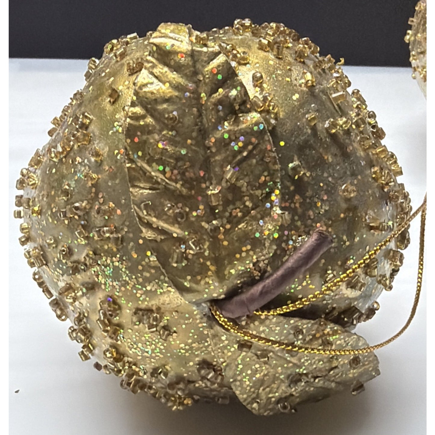 Vintage Lot of 3 Fruit Ornaments Gold Glitter Beaded Pear Pomegranate As Is