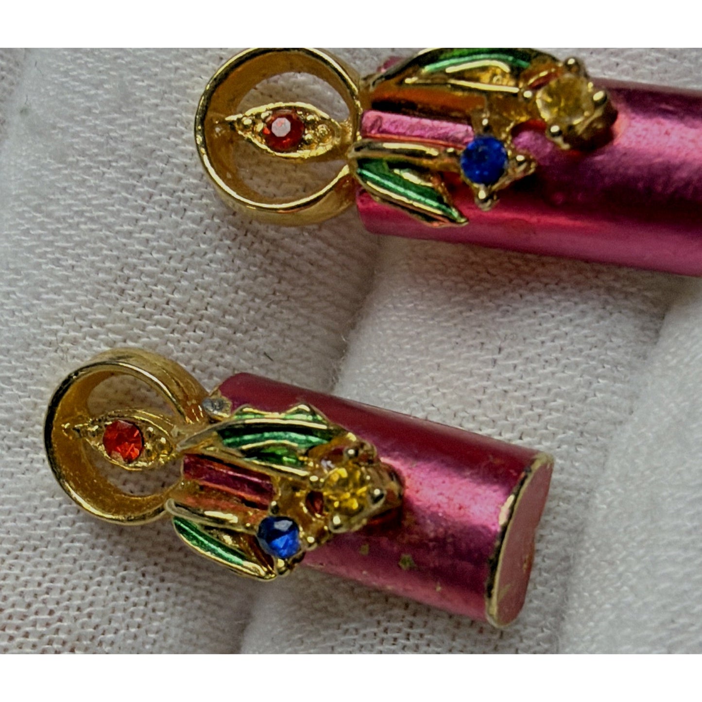 Vintage Enamel Rhinestone Candlestick Candle Earrings Pink Gold Tone