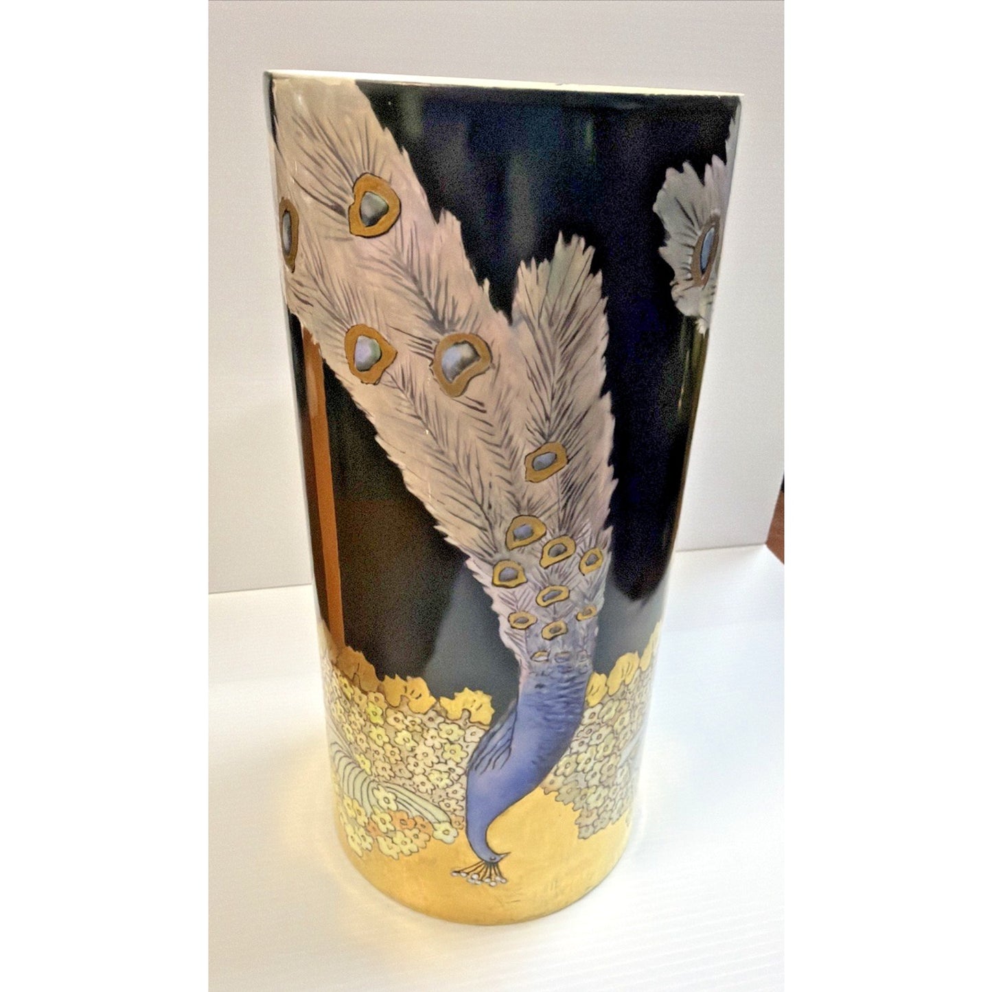 Antique Rosenthal Selb Bavaria Hand Painted Peacock Vase Black Gold As Is