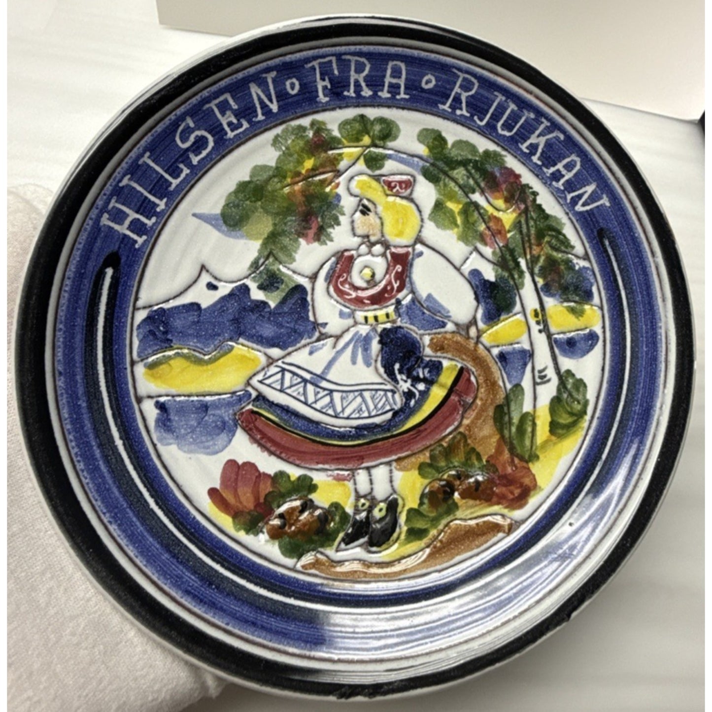 Vintage Terra 1 Norway Hand Painted Folk Art Plate Greetings from Rjukan Girl