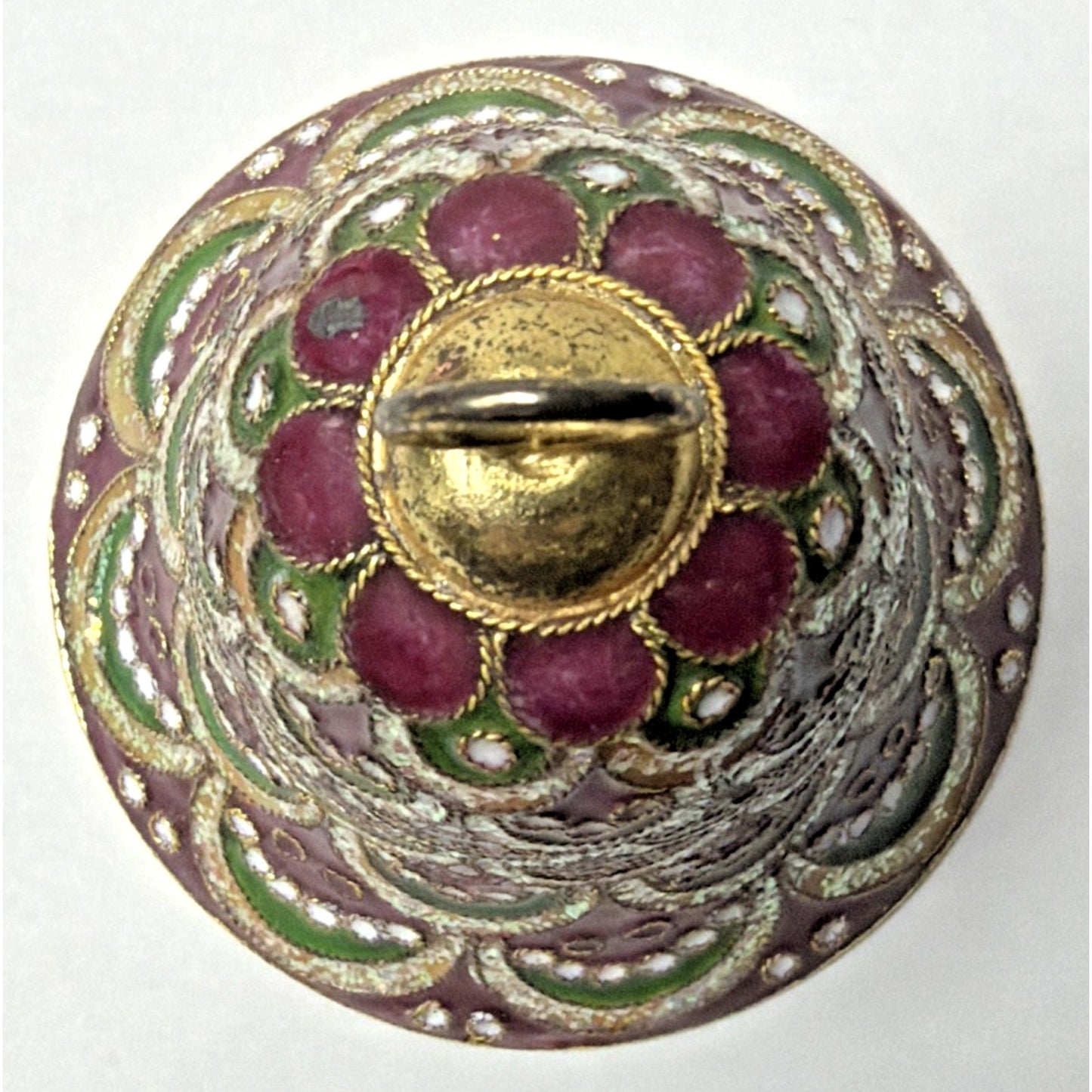 Vtg Enamel Cloisonné Bell Ornament Purple Green Gold Scallop Tree Feather As Is