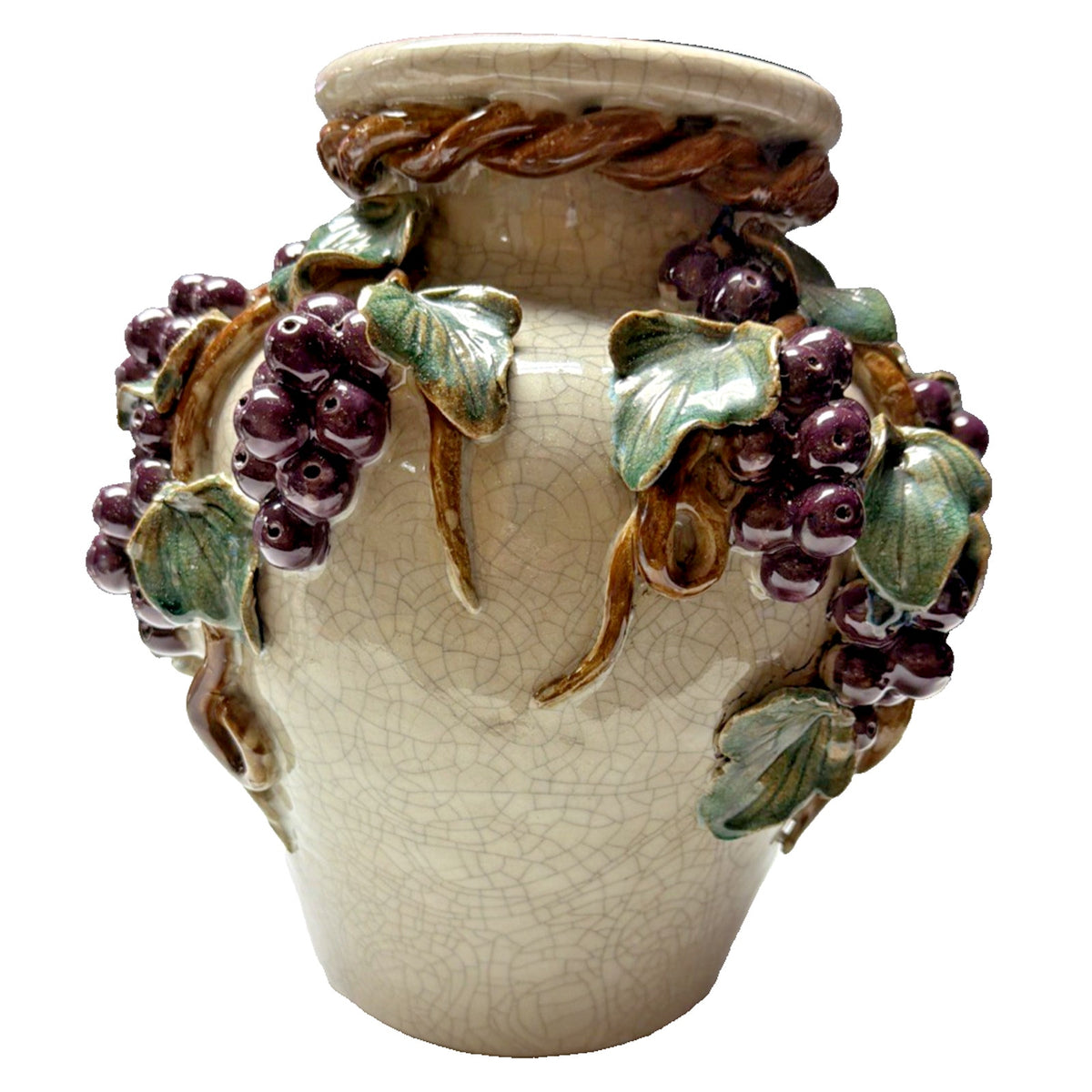 Old Majolica Pottery Chinese Crackle Glaze Rope Grapes Berries Leaves Vine As Is