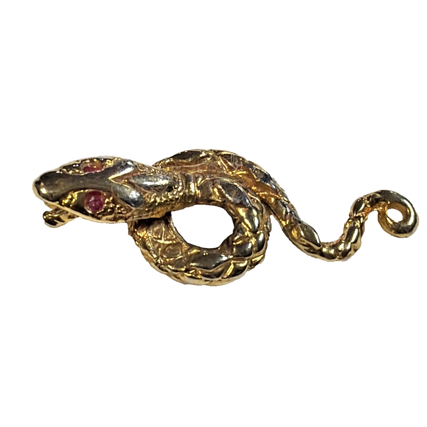 Vtg Coiled Snake Serpent Pendant Charm Open Mouth Ruby Eyes Gold Tone Infinity