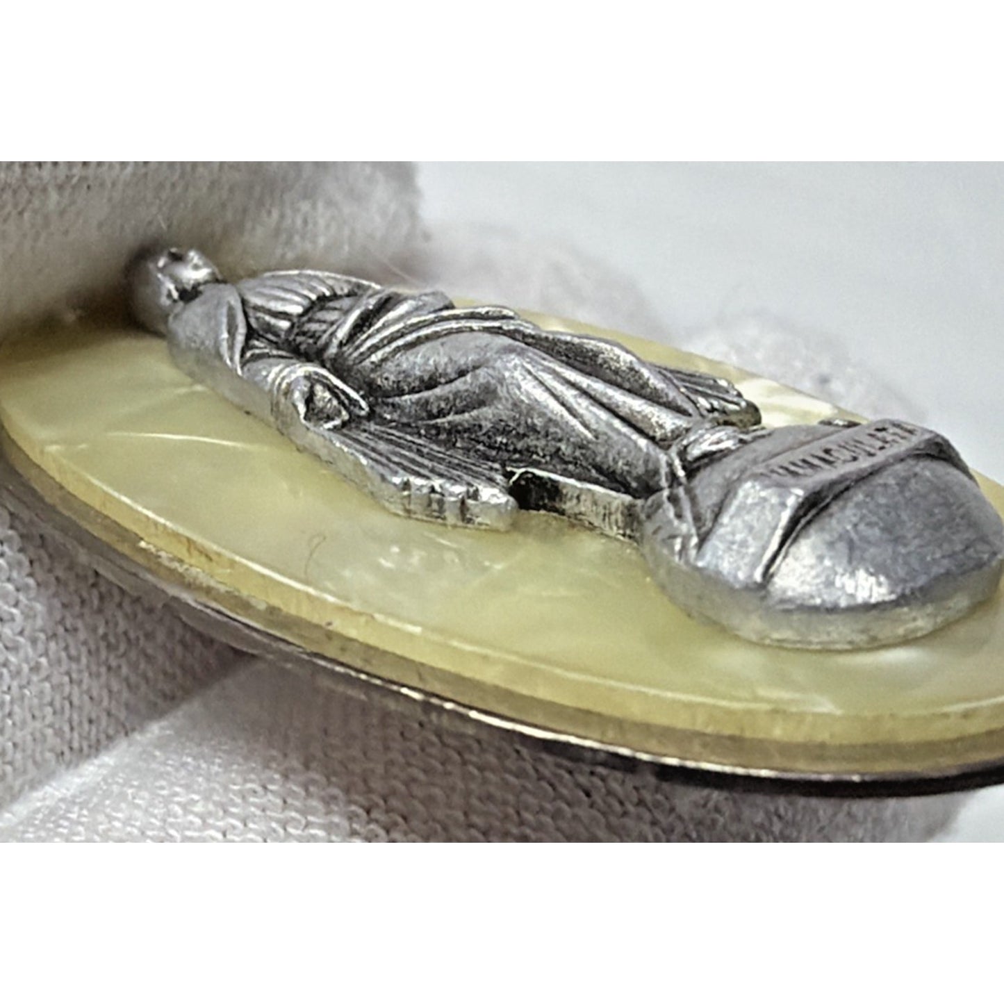 Immaculata Virgin Mary Saint Pendant Silver Metal Faux Mother Pearl Celluloid