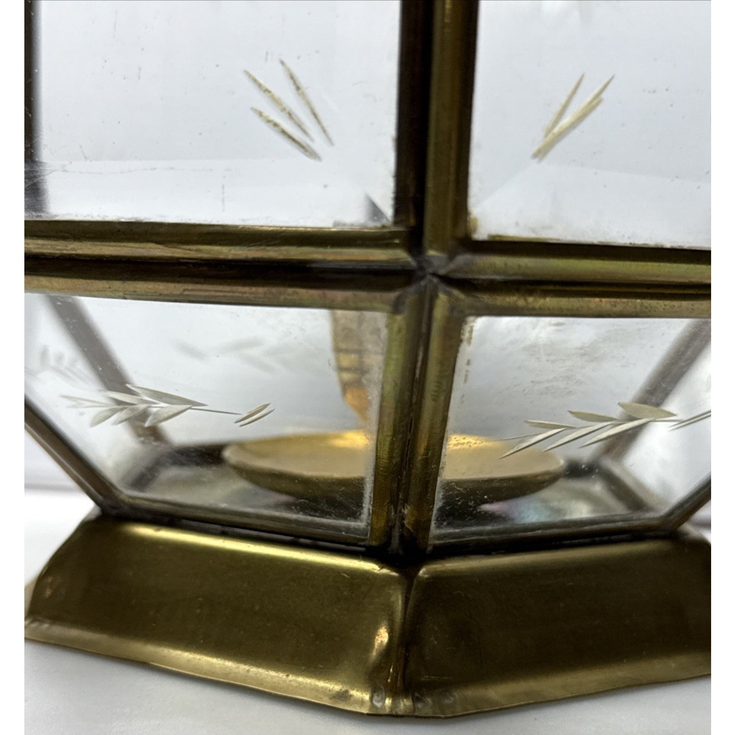 Vintage Yuksel Lambalari Turkish Shepard Brass Candle Lantern Lamp Etched Glass