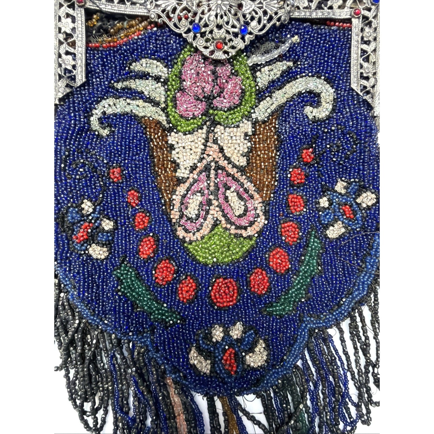 Art Deco Micro Beaded Flapper Bag Purse Ornate Metal Frame Bezel Jewel Kiss Lock