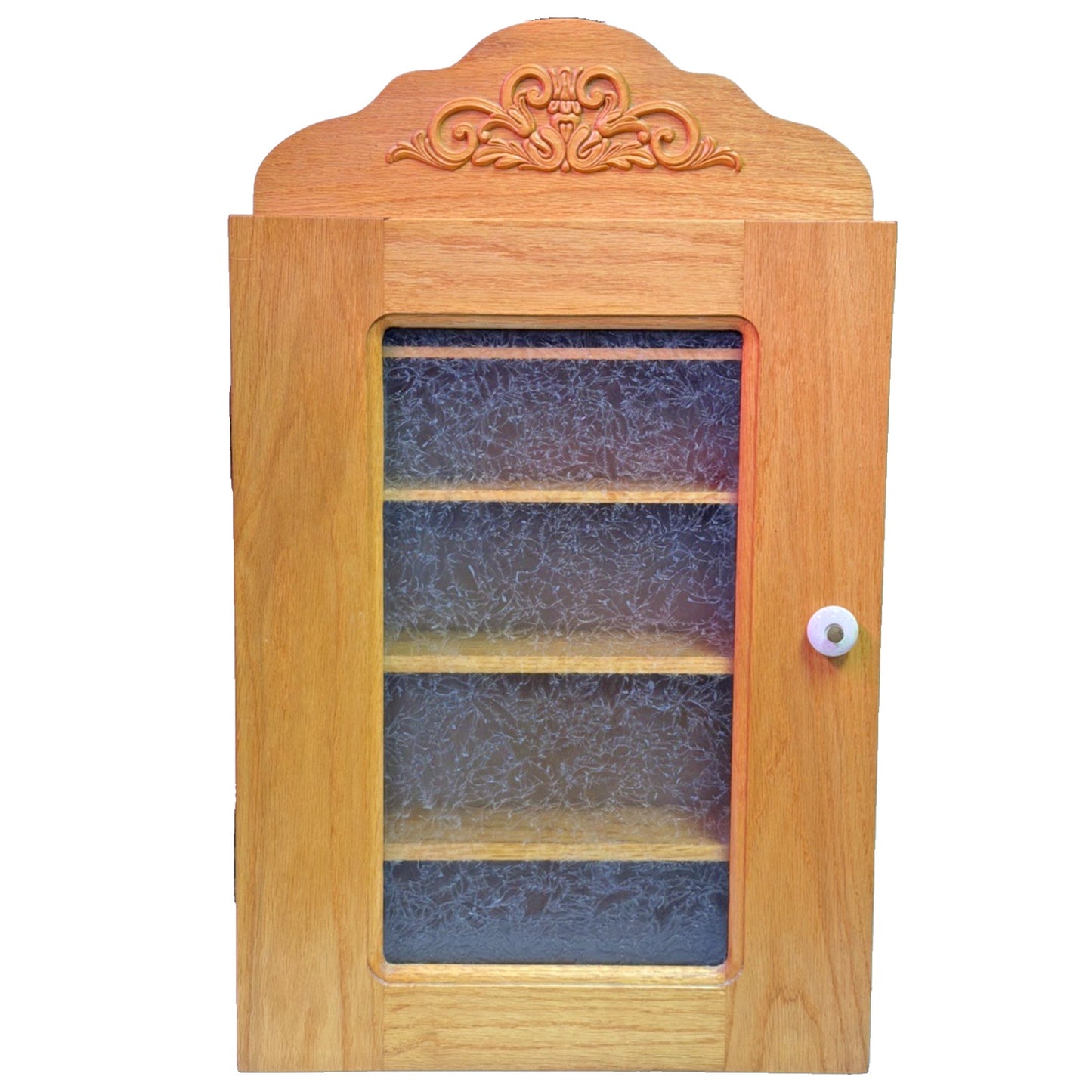 Old Oak Apothecary Cabinet Medicine Curio Textured Etched Glass Wall Mount As Is