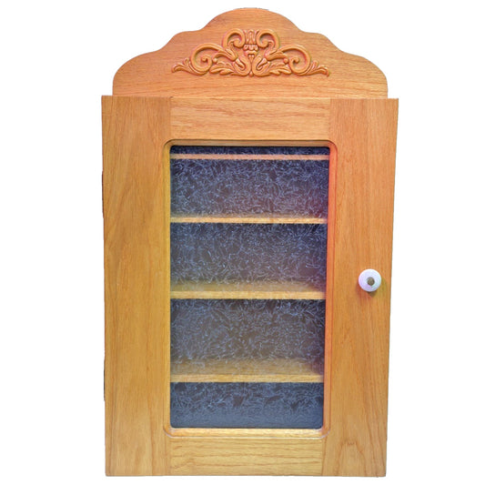 Old Oak Apothecary Cabinet Medicine Curio Textured Etched Glass Wall Mount As Is