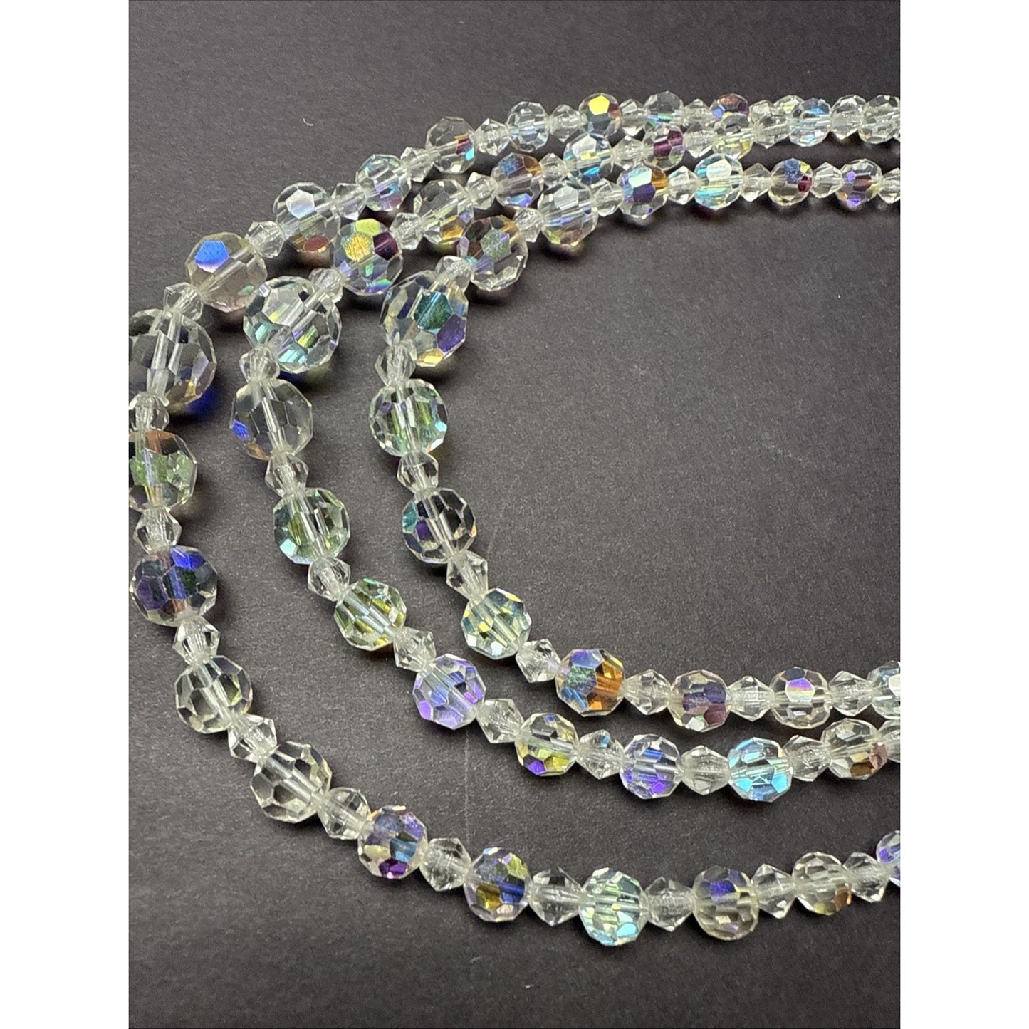 Vintage Triple Strand Necklace Aurora Borealis Crystal Faceted 13" Adjustable