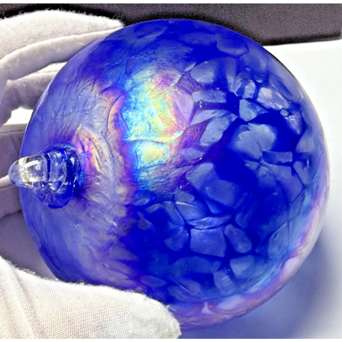 Hand Blown Studio Art Glass Cobalt Blue Iridescent Webbed Ornament Orb Witch Ball
